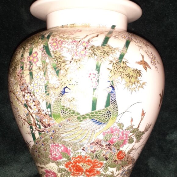 JAPAN FLORAL PEACOCK BIRD GINGER JAR W LID, VINTAGE 1980 OMC OTIGIRI, BEAUTIFUL - Picture 5 of 13